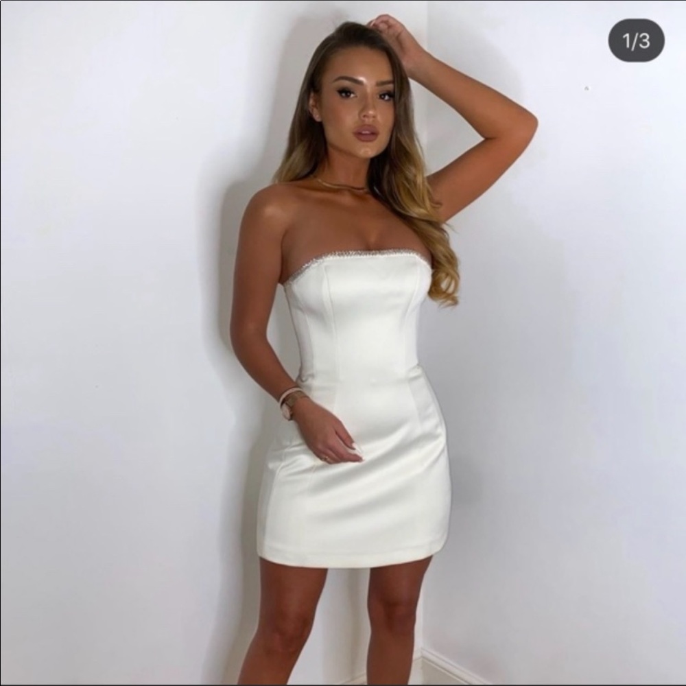 House of CB Rowan Ivory Satin Crystal Satin Strapless Dress - Picture 8 of 15